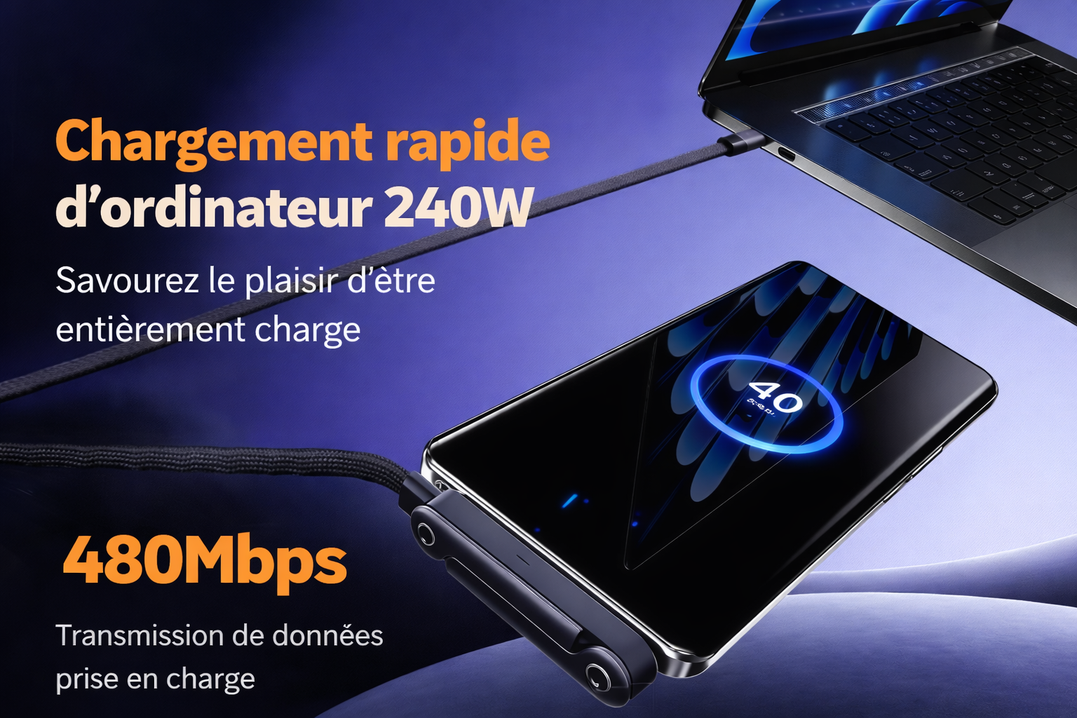 Câble USB-C 240W avec Support Pliable Intégré